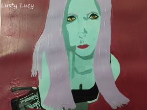 Painting of cam model LustyLucy with purple hair, green skin, yellow eyes and red lips.